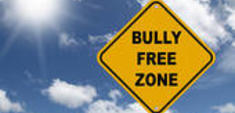A yellow diamond street sign that says "Bully Free Zone"